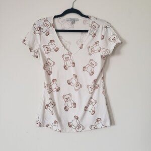 Faded Rose Womens White Teddy Bear Short Sleeve Shirt Size L V Neck Casual Relax